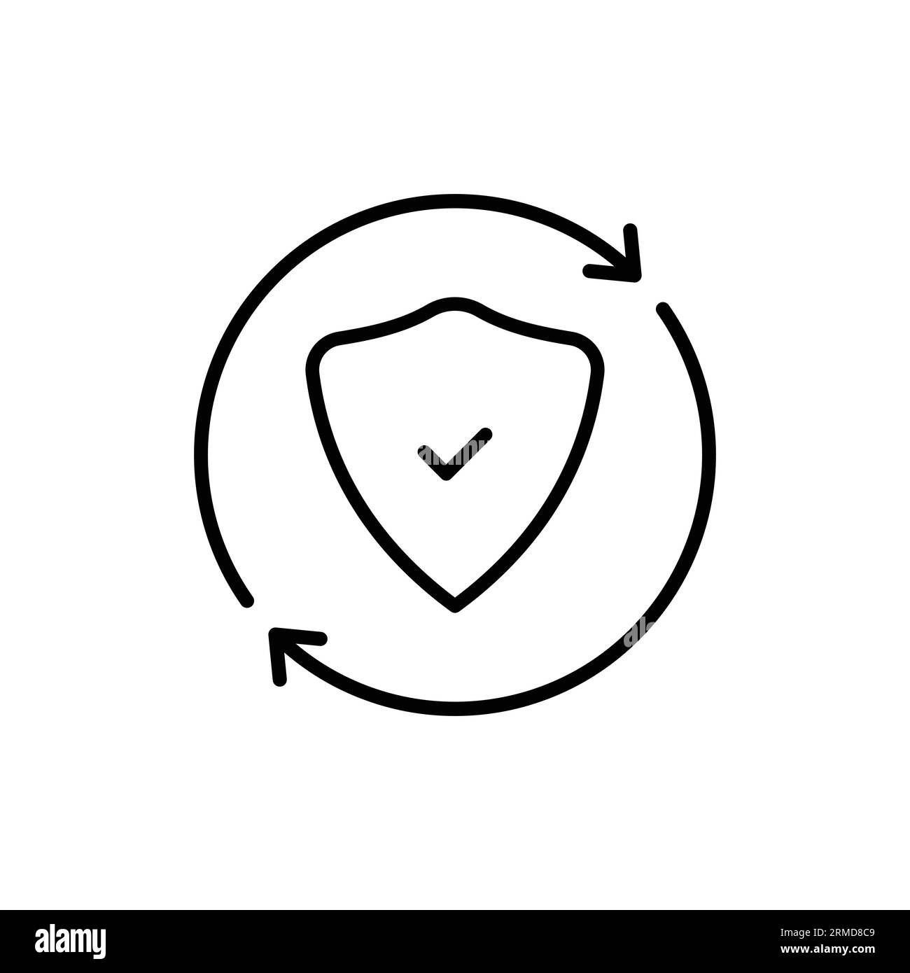 scudi con freccia e spunta come icona di sicurezza. stile lineare tendenza moderna semplice garanzia logotipo grafica tratto elemento web isolato su Illustrazione Vettoriale