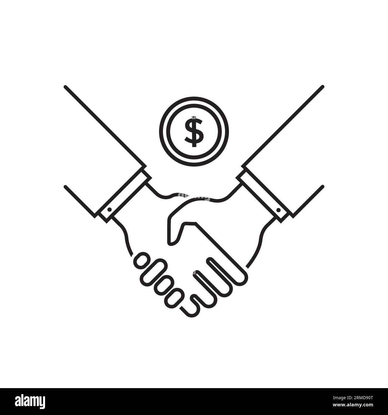 icona a linea sottile con stretta di mano e moneta. concetto di grande affare tra due persone o facile collaborazione e relazione. logotipo semplice lineare moderno Illustrazione Vettoriale