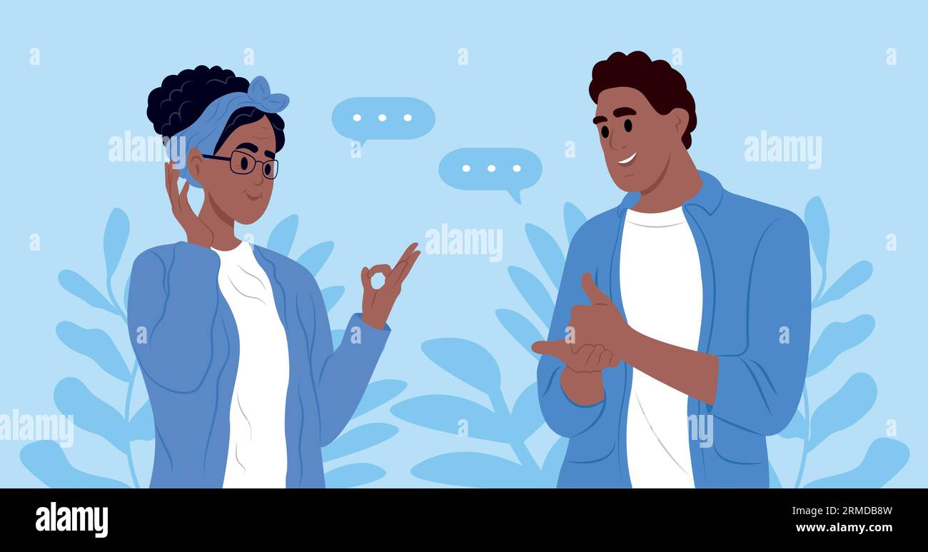Giornata internazionale delle lingue dei segni. Un paio di persone anziane sorde e silenziose che usano il linguaggio dei segni per comunicare. Un uomo e una donna con l'udito Illustrazione Vettoriale