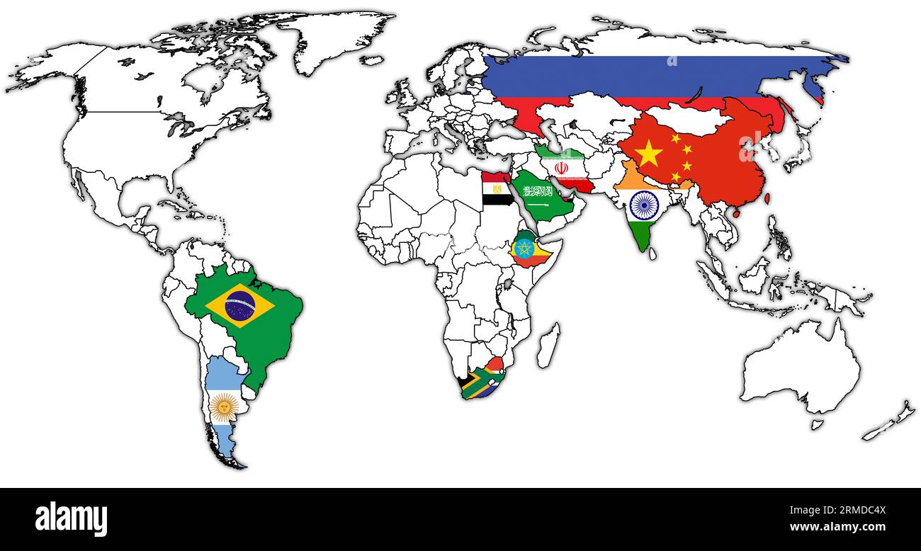 I nuovi paesi membri BRICS bandiono sulla mappa politica mondiale con confini nazionali Foto Stock