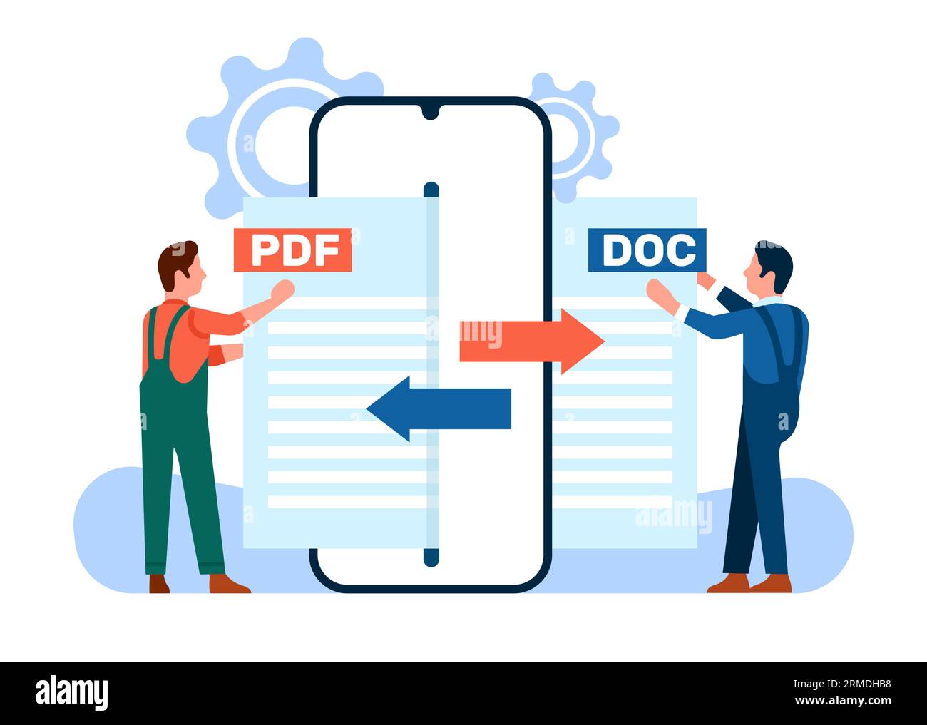 Converti PDF in file doc. Persone che utilizzano l'app sul cellulare. Tecnologia di conversione mobile. Formati di estensione dei documenti di scambio online degli uomini. Smartphone Illustrazione Vettoriale