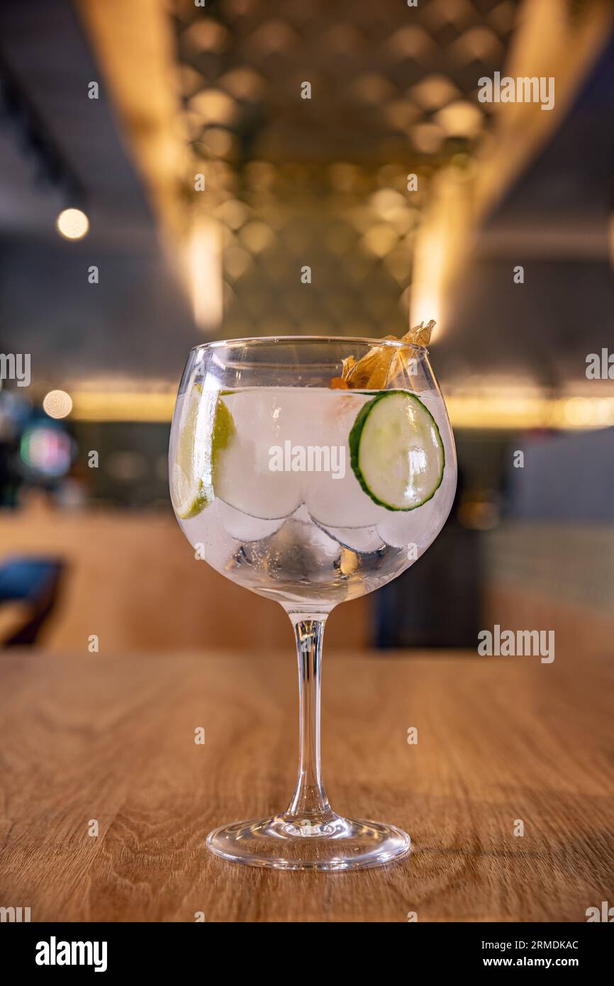 Bicchiere di alcool rinfrescante gin tonic cocktail con cetriolo affettato e cubetti di ghiaccio Foto Stock