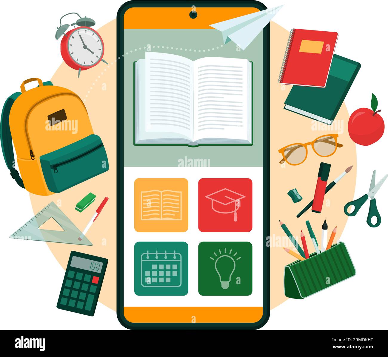 Applicazione di apprendimento online su smartphone e attrezzature scolastiche, banner con spazio per la copia Illustrazione Vettoriale