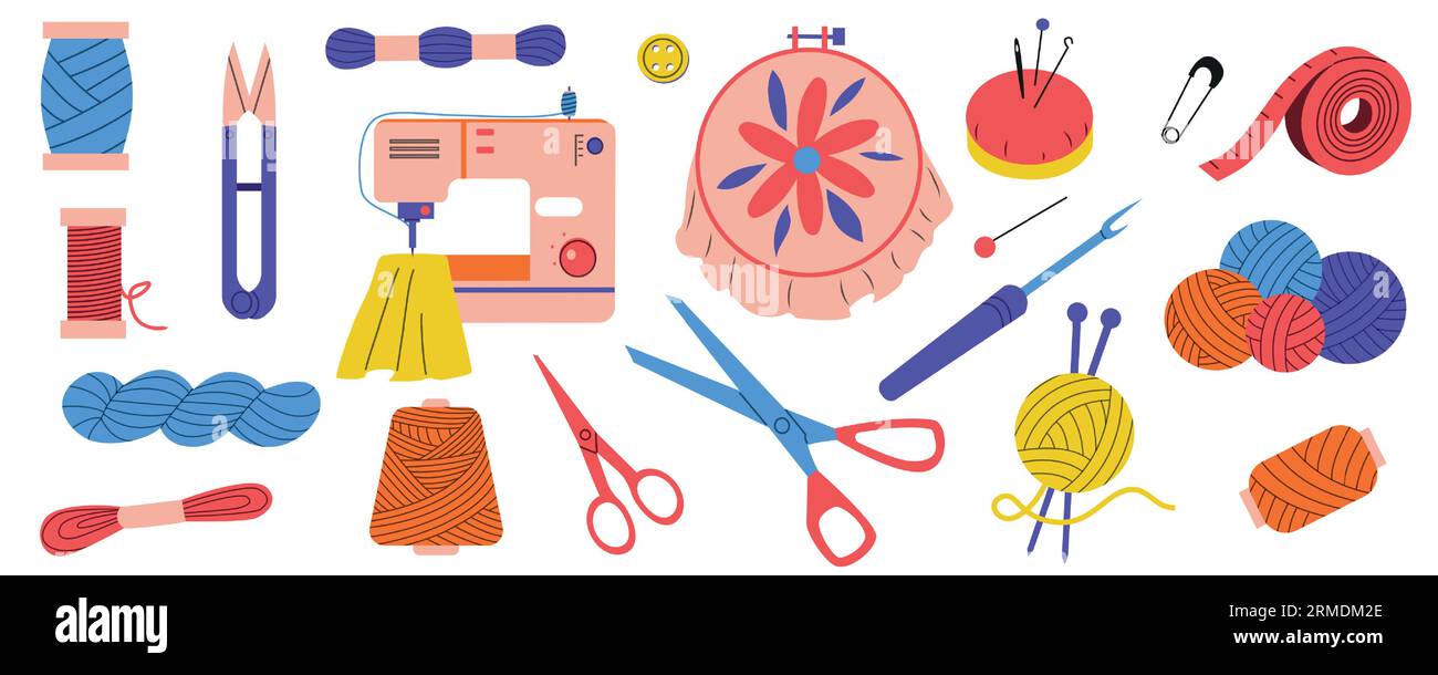 Strumenti da ricamo. Macchina da cucire cartoni animati forbici a ditale e tessuto, attrezzature da cucire ricci per tessuti di moda. Insieme di vettori Illustrazione Vettoriale