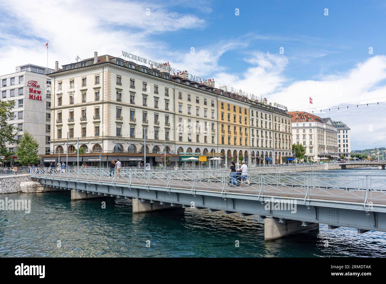 Pont de la Machine (ponte pedonale) sul fiume Rhône, Ginevra (Genève) Cantone di Ginevra, Svizzera Foto Stock