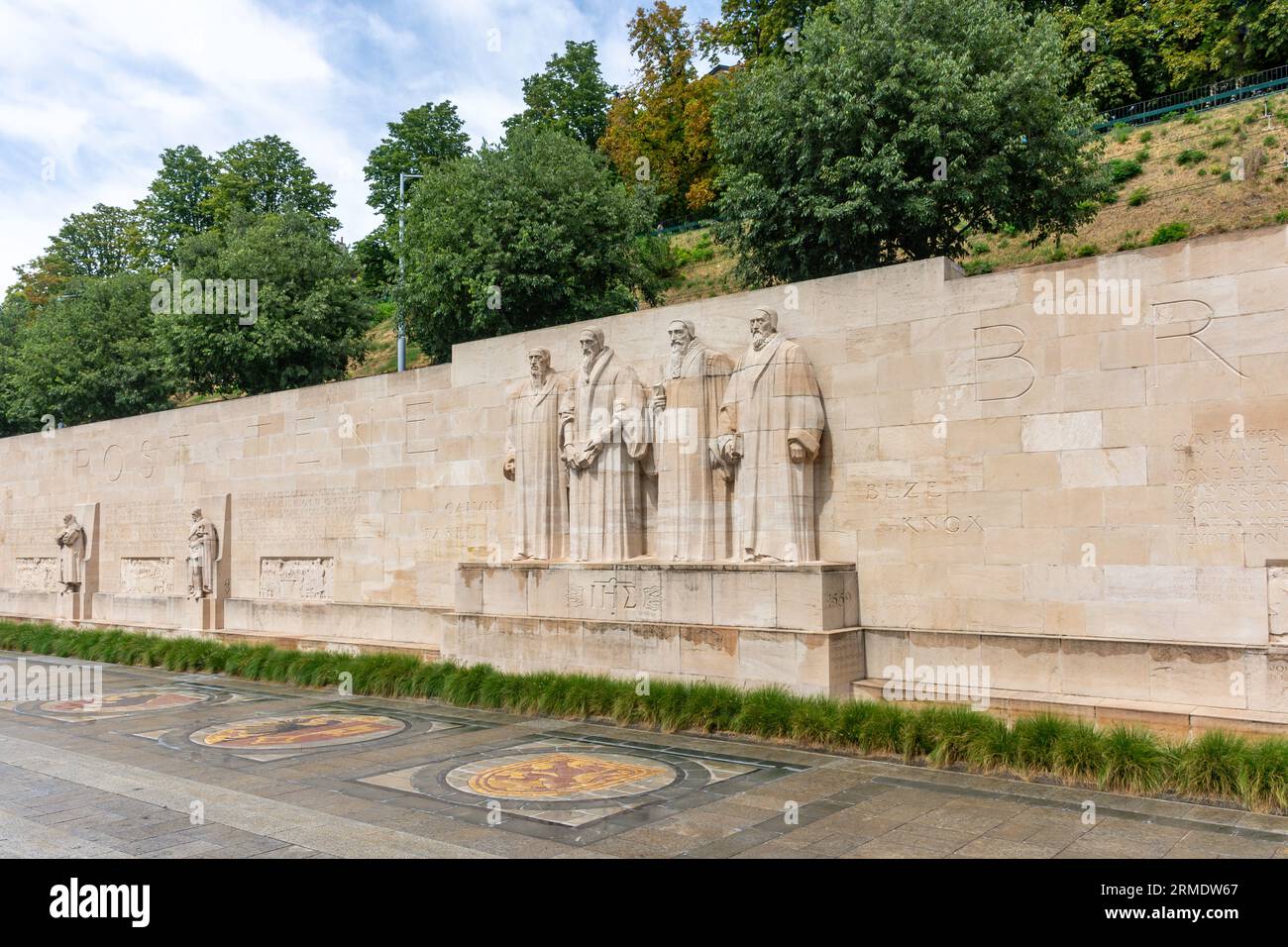Mur des Réformateurs (muro della riforma) in Parc des Bastions, Les Bastions, Vieille-Ville, Ginevra (Genève) Cantone di Ginevra, Svizzera Foto Stock