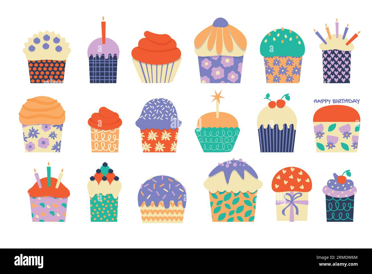 Cupcake di compleanno. Dolci cartoni animati con condimenti colorati per festeggiare, graziosa panetteria per bambini con muffin e cupcake. Raccolta vettoriale piatta Illustrazione Vettoriale