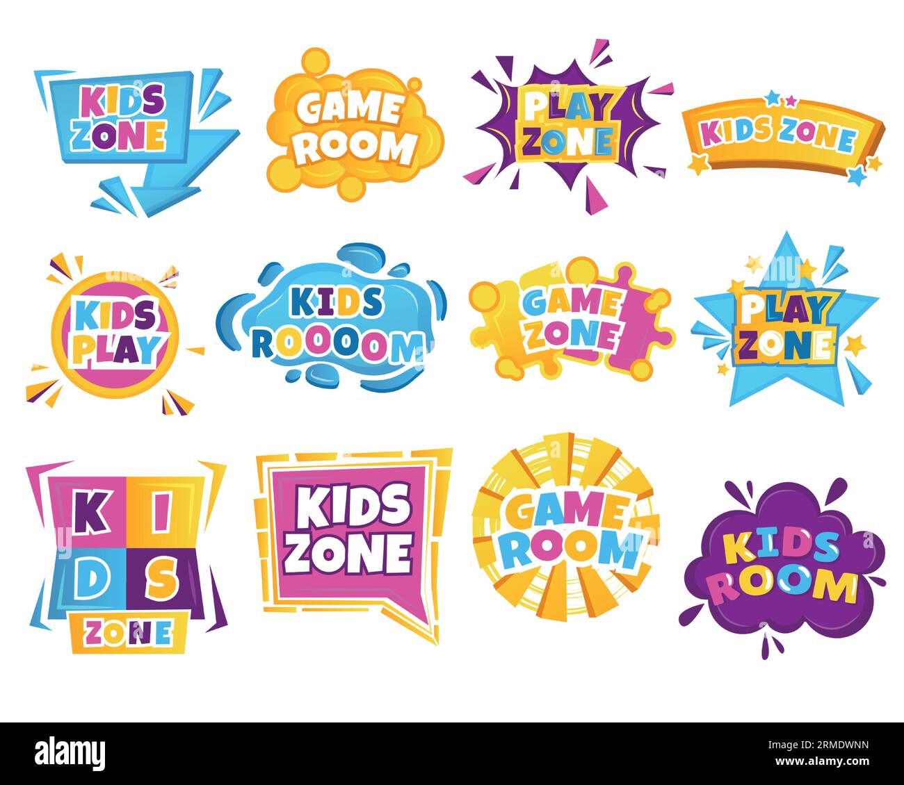 Etichetta zona bambini. Sala giochi colorata per bambini con giocattoli, concetto di attività per bambini all'asilo. Banner isolato vettore Illustrazione Vettoriale