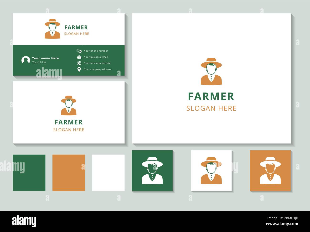 Logo Farmer con slogan modificabile. Libro di branding e modello biglietto da visita. Illustrazione Vettoriale
