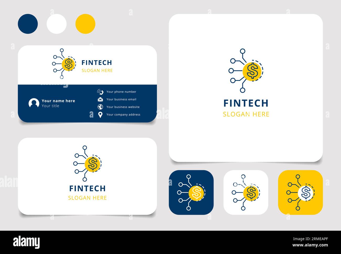 Logo Fintech con slogan modificabile. Libro di branding e modello di biglietto da visita. Illustrazione Vettoriale