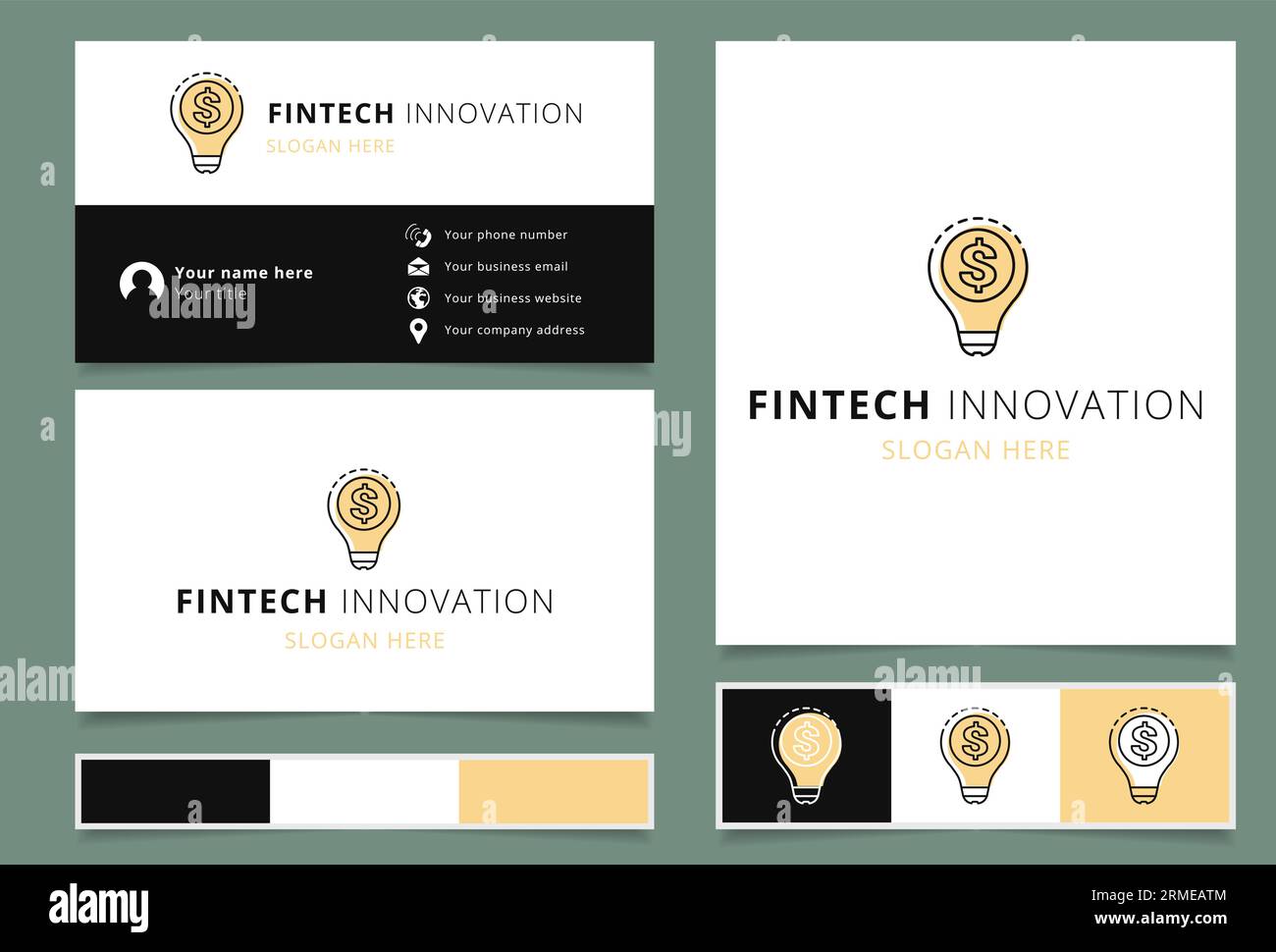 Logo FinTech innovativo con slogan modificabile. Libro di branding e modello biglietto da visita. Illustrazione Vettoriale