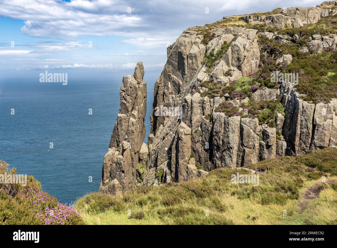 Fairhead Cliffs, Basalt Columns and Pasture, Irlanda del Nord, Regno Unito Foto Stock