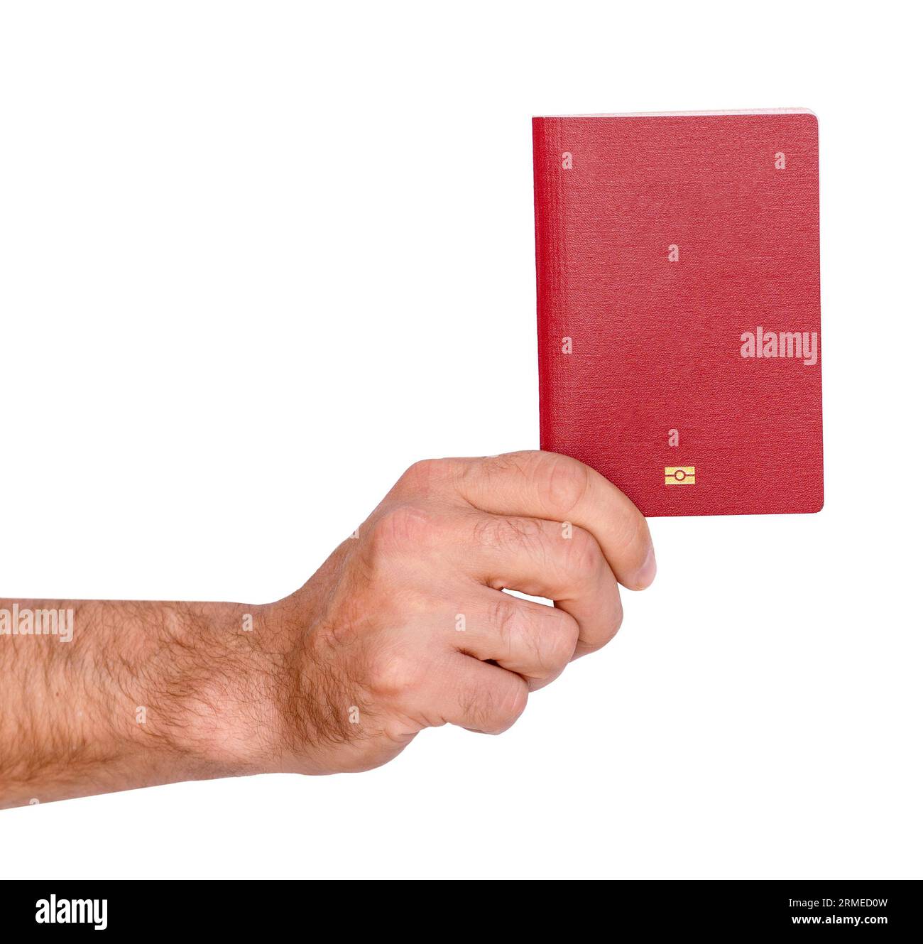 Passaporto internazionale rosso con spazio per le copie sulla copertina in copertina maschile su sfondo bianco. Foto Stock
