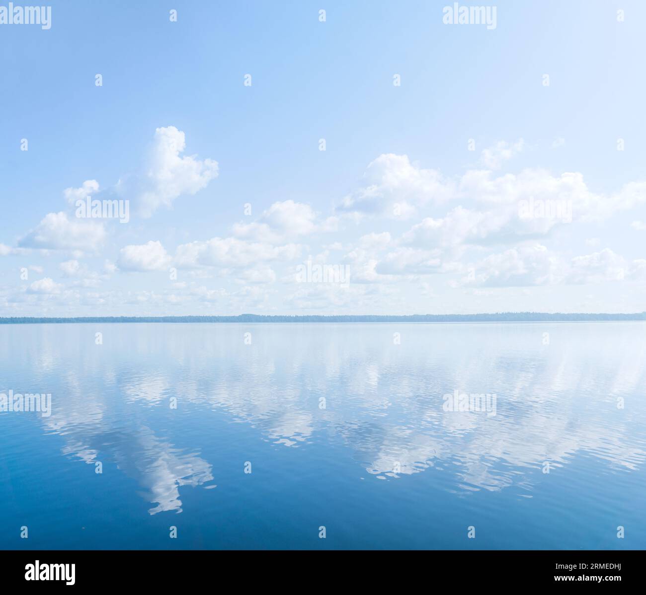 paesaggio naturale, paesaggio acquatico con un grande corpo d'acqua sotto un cielo blu con nuvole e una lontana riva boscosa Foto Stock