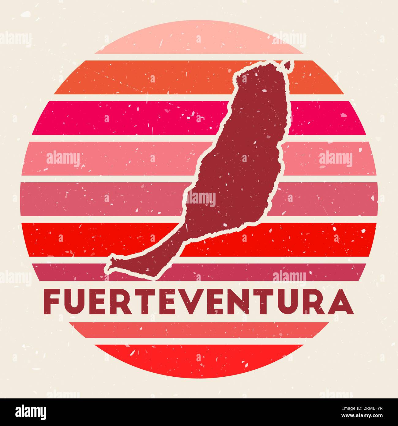 Logo Fuerteventura. Firma con la mappa dell'isola e strisce colorate, illustrazione vettoriale. Illustrazione Vettoriale