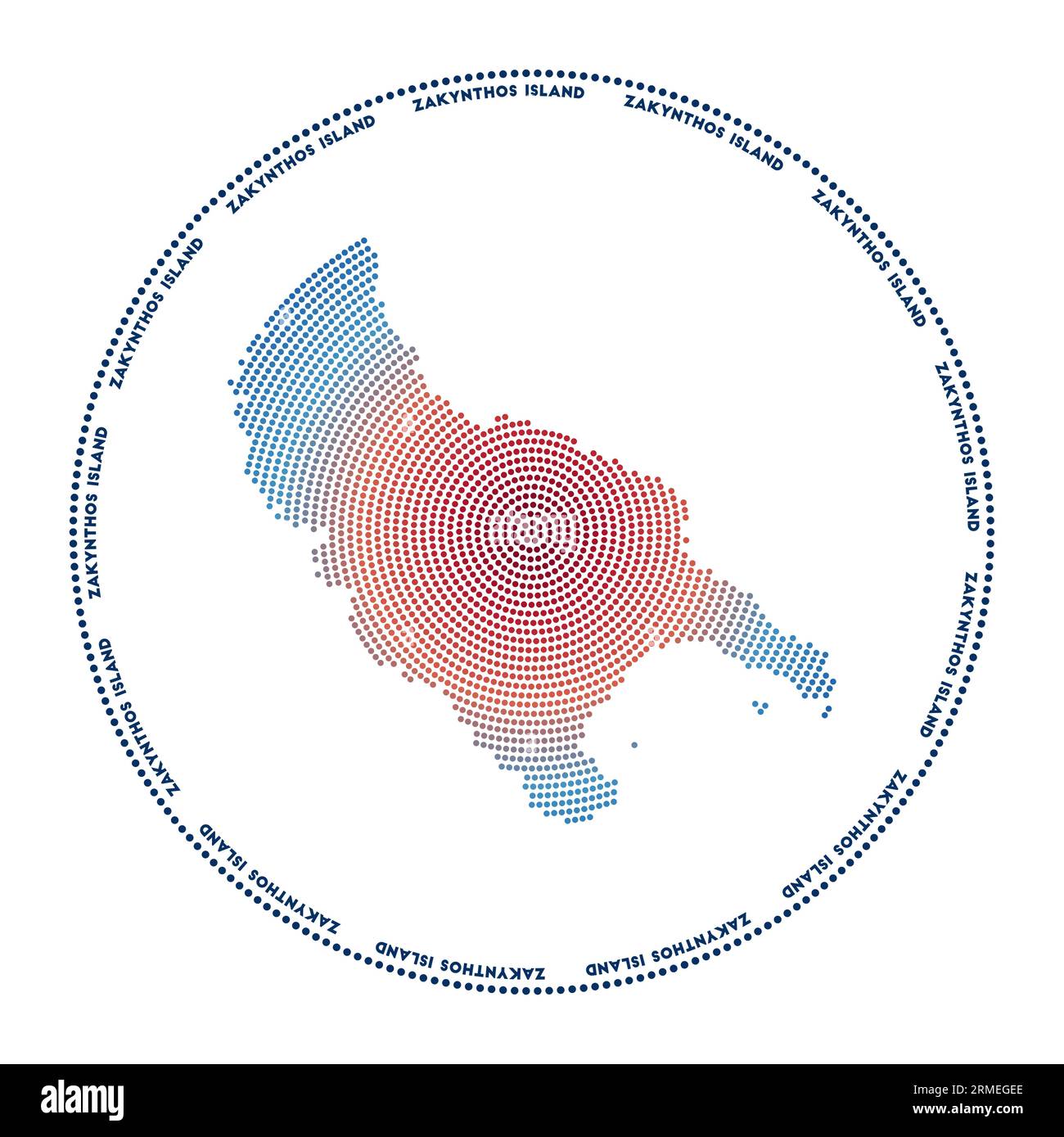 Logo rotondo dell'isola di Zante. Forma digitale dell'isola di Zante in cerchio punteggiato con il nome dell'isola. Icona tecnica con punti sfumati. Vettoriale alla moda Illustrazione Vettoriale