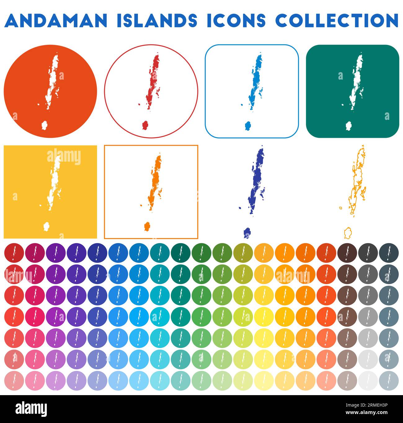 Collezione di icone delle Isole Andamane. Icone luminose colorate e alla moda. Distintivo moderno delle Isole Andamane con mappa dell'isola. Illustrazione vettoriale. Illustrazione Vettoriale