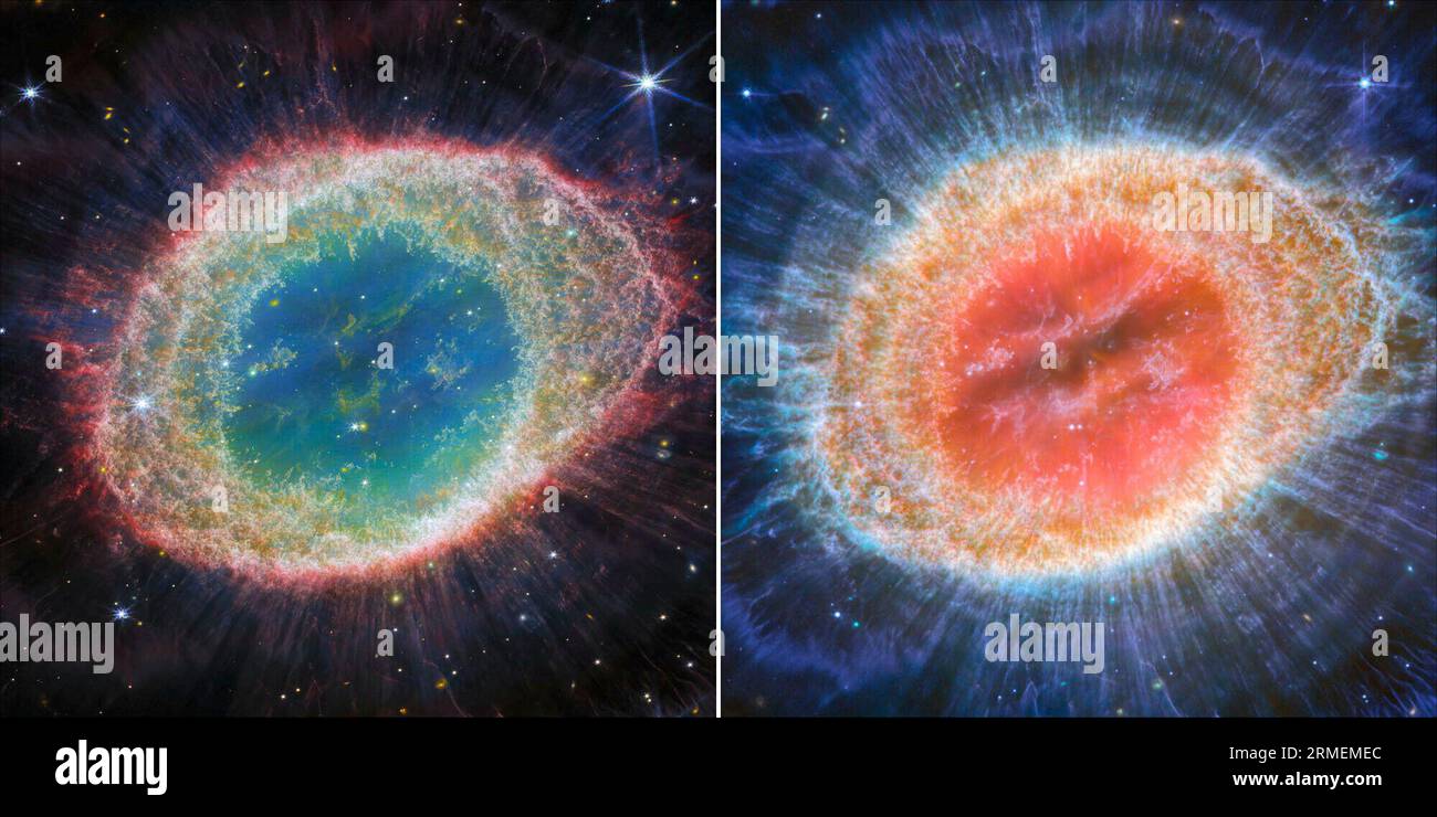 Le nuove immagini del telescopio spaziale NASAs James Webb della nota nebulosa ad anello forniscono una risoluzione spaziale e una sensibilità spettrale senza precedenti. Nell'immagine NIRCam (Near-Infrared camera) a sinistra, i dettagli complessi della struttura del filamento dell'anello interno sono particolarmente visibili in questo set di dati. A destra, l'immagine MIRI (strumento a infrarossi medi) rivela particolari dettagli nelle caratteristiche concentriche nelle regioni esterne dell'anello nebulaes. Credito: ESA/Webb, NASA, CSA, M. Barlow, N. Cox, R. Wesson tramite CNP Foto Stock