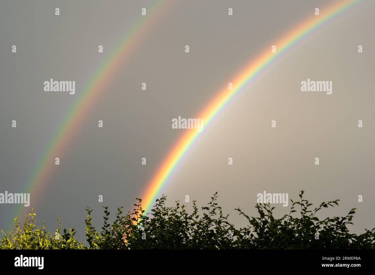 Doppelter Regenbogen nach einem Sommergewitter a Oberbayern Foto Stock