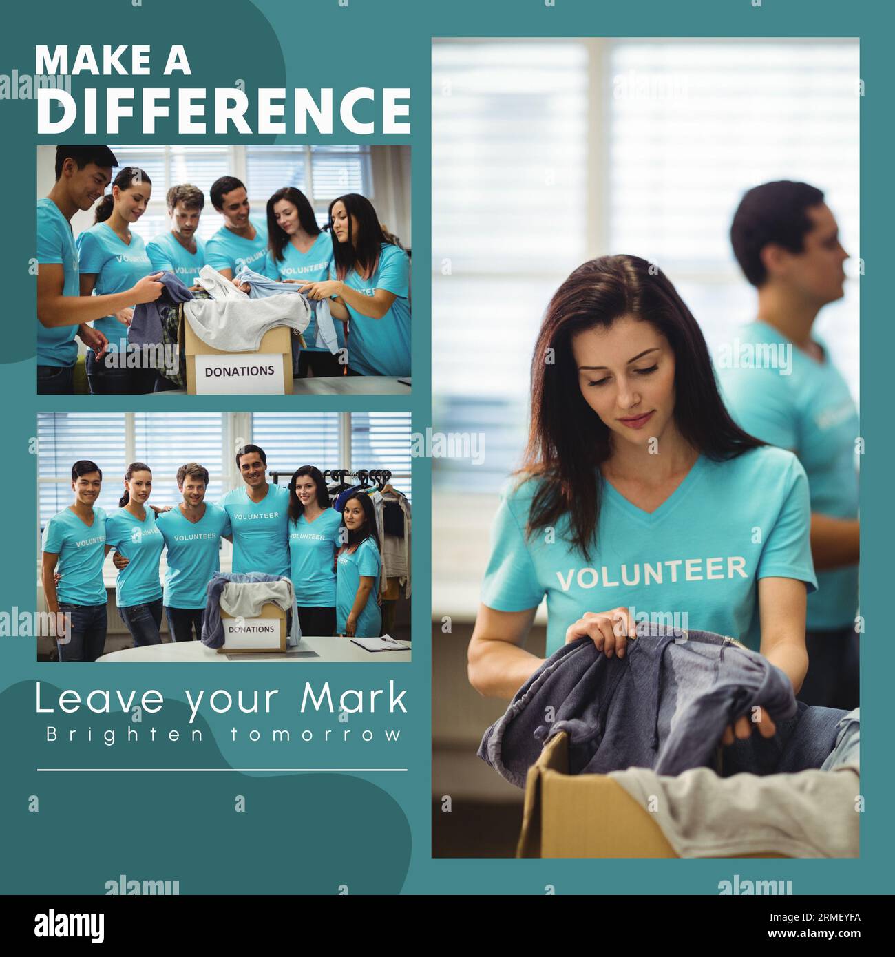 Collage di volontari con caselle di donazione e testo del giorno "Make a Difference" Foto Stock