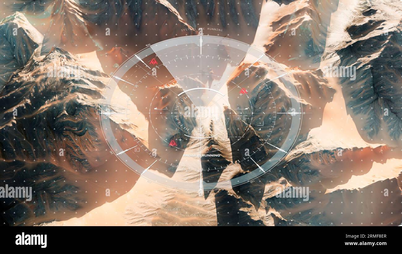 Vista satellitare della terra, operazioni di guerra, fantascienza, ora del giorno. Obiettivo militare. Drone che sorvola un'area. Operazione militare. Montagna Foto Stock