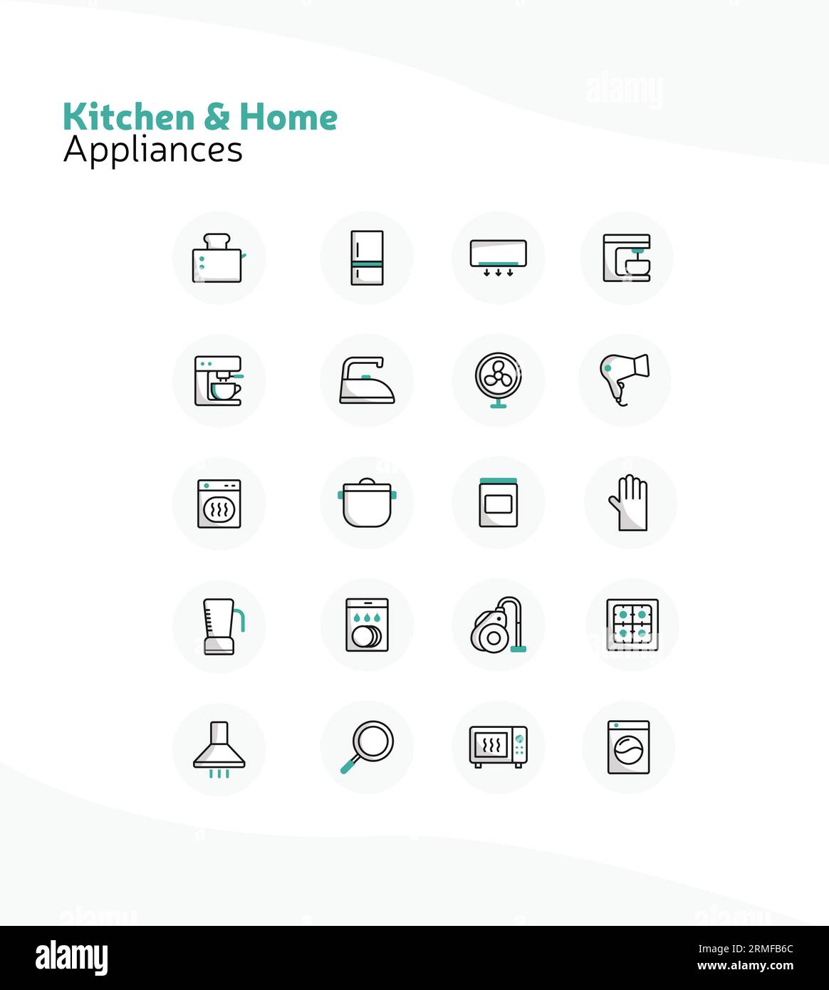 Set completo di icone per elettrodomestici e cucine per case moderne Illustrazione Vettoriale