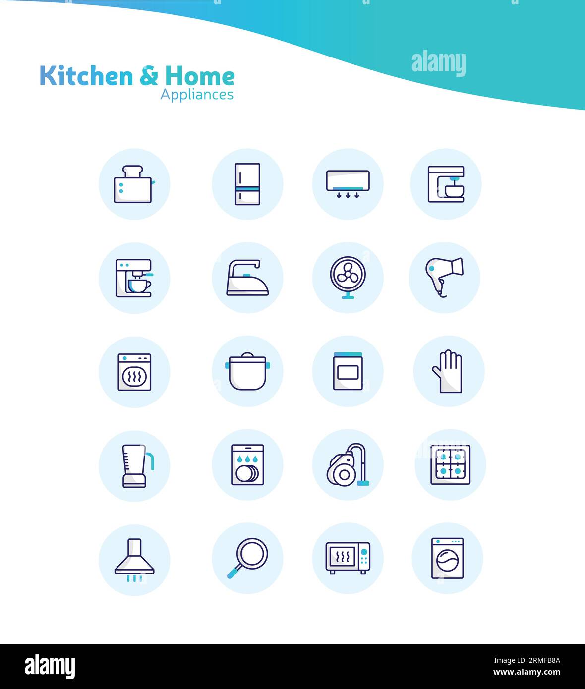 Set completo di icone per elettrodomestici e cucine per case moderne Illustrazione Vettoriale