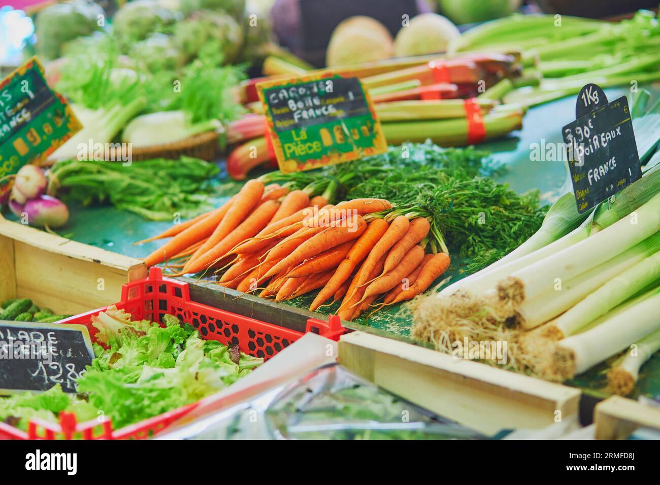 Ortaggi biologici freschi e sani sul mercato agricolo francese. Le parole sulle etichette dei prezzi sono scritte in francese Foto Stock