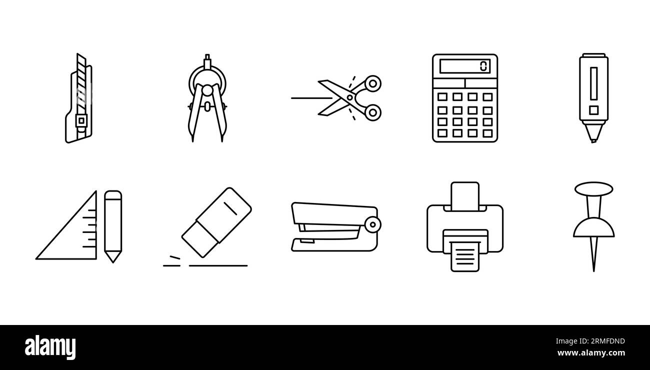 Icona del set di cancelleria. Contiene icone coltello da taglio, taglierina, divisore, forbici, ecc. Stile icona linea. Semplice progettazione vettoriale modificabile Illustrazione Vettoriale