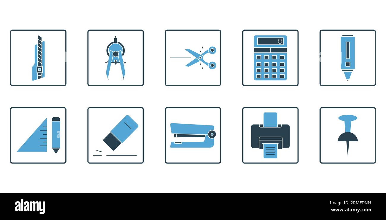 Icona del set di cancelleria. Contiene icone coltello da taglio, taglierina, divisore, forbici, ecc. Stile icona a tinta unita. Semplice progettazione vettoriale modificabile Illustrazione Vettoriale