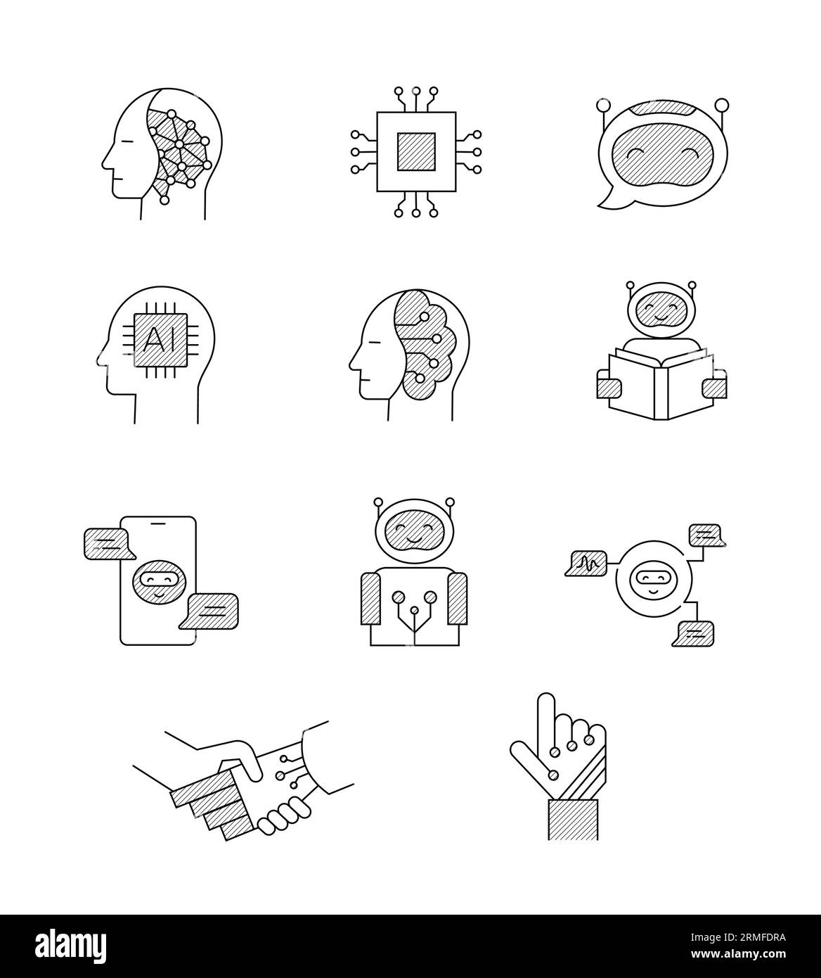 Icone della linea di intelligenza artificiale. Icone A linee sottili. Icone dei vettori robotici. Tratto modificabile. Illustrazione Vettoriale