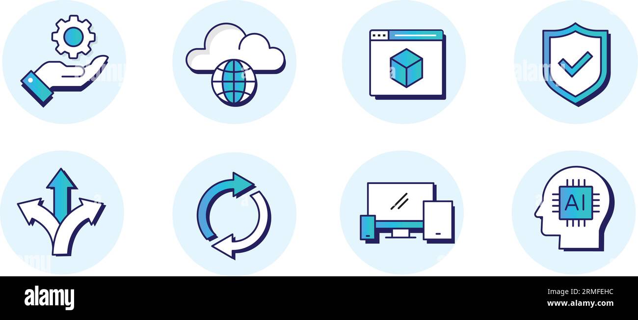 Icone del cloud computing. Simboli software basati su cloud. Icone dei servizi di cloud computing. Icone modificabili dal vettore. Illustrazione Vettoriale