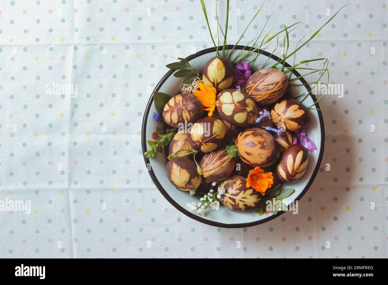 Preparazione delle uova per Pasqua, la tintura è fatta con ingredienti naturali presenti nelle erbe e nelle erbe Foto Stock