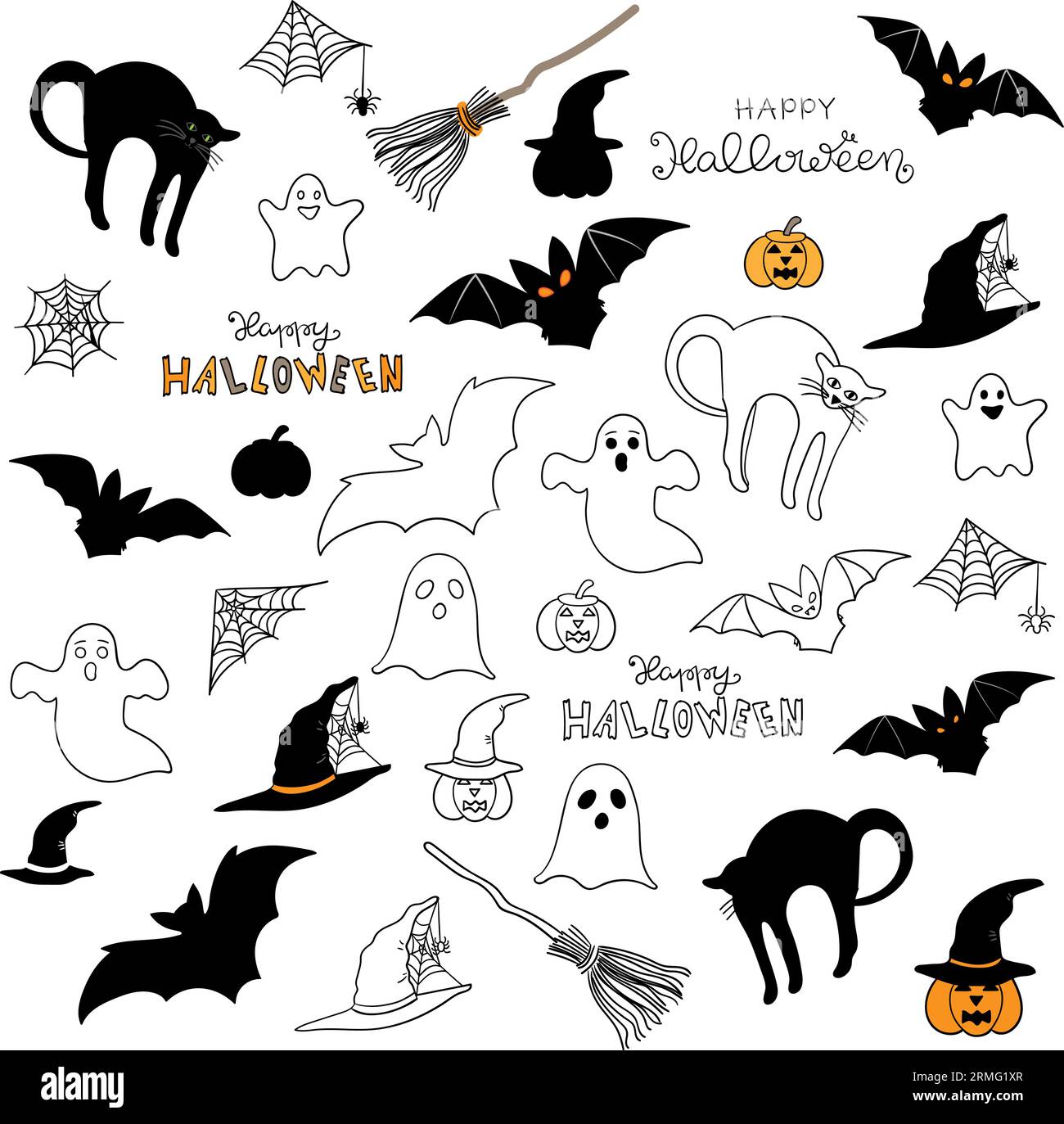 Elementi grafici Halloween, vettoriali. Set disegnato a mano. Illustrazione vettoriale. Illustrazione Vettoriale