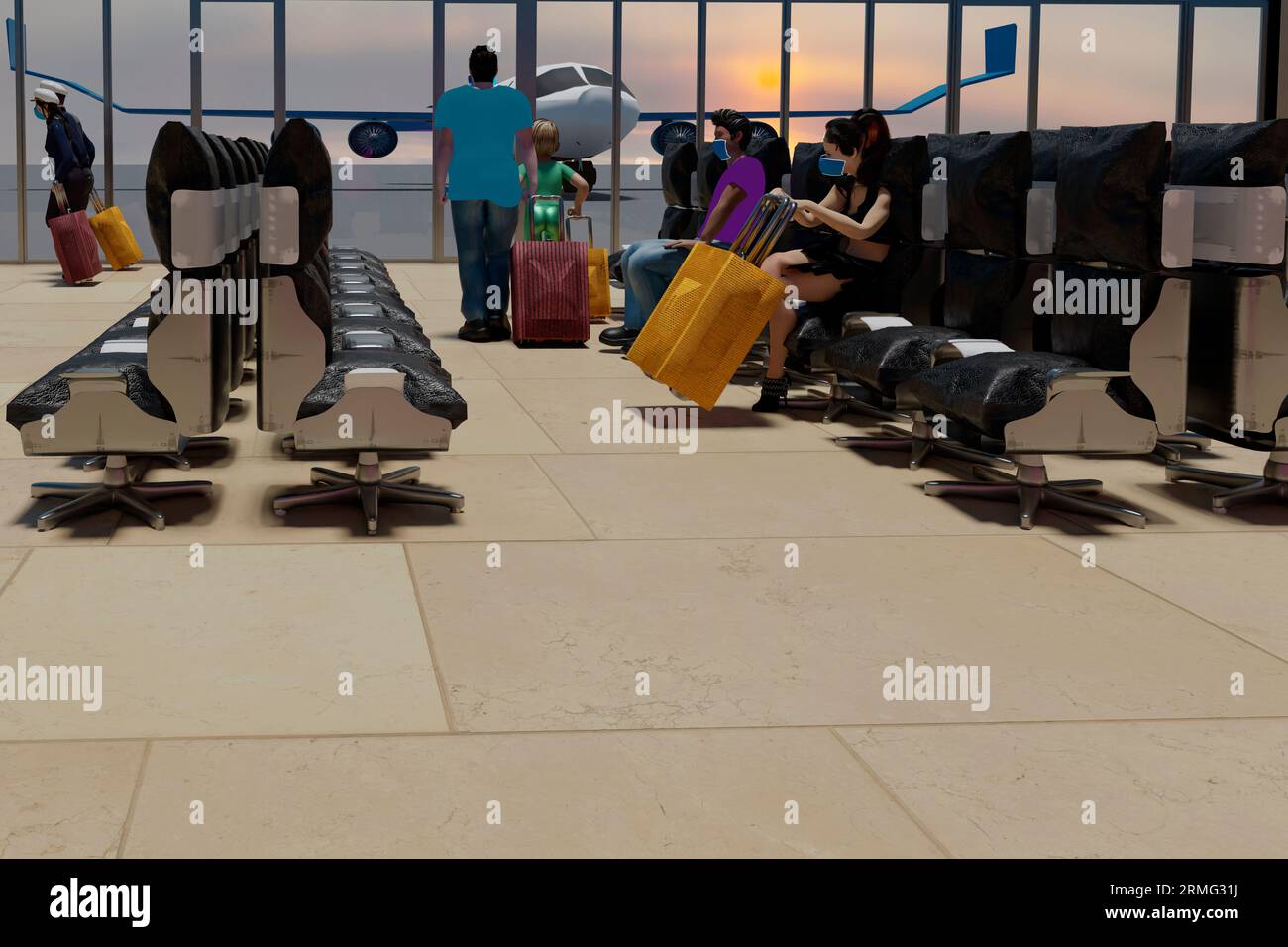 Figlio e padre di una famiglia multietnica omosessuale, goditi il tramonto nella lounge dell'aeroporto internazionale, mentre passeggeri e equipaggio indossano maschere protettive a volte Foto Stock