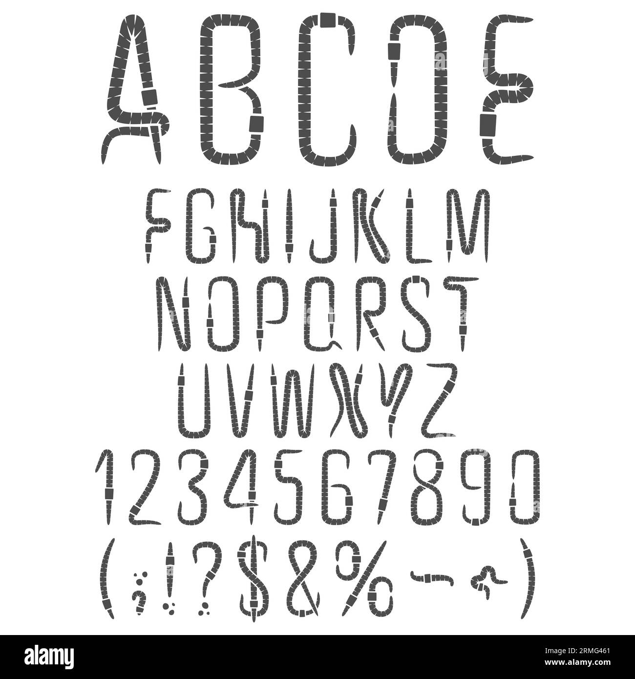 Alfabeto, lettere, numeri e segni di lombrichi, vermi. Oggetti vettoriali isolati su sfondo bianco. Illustrazione Vettoriale