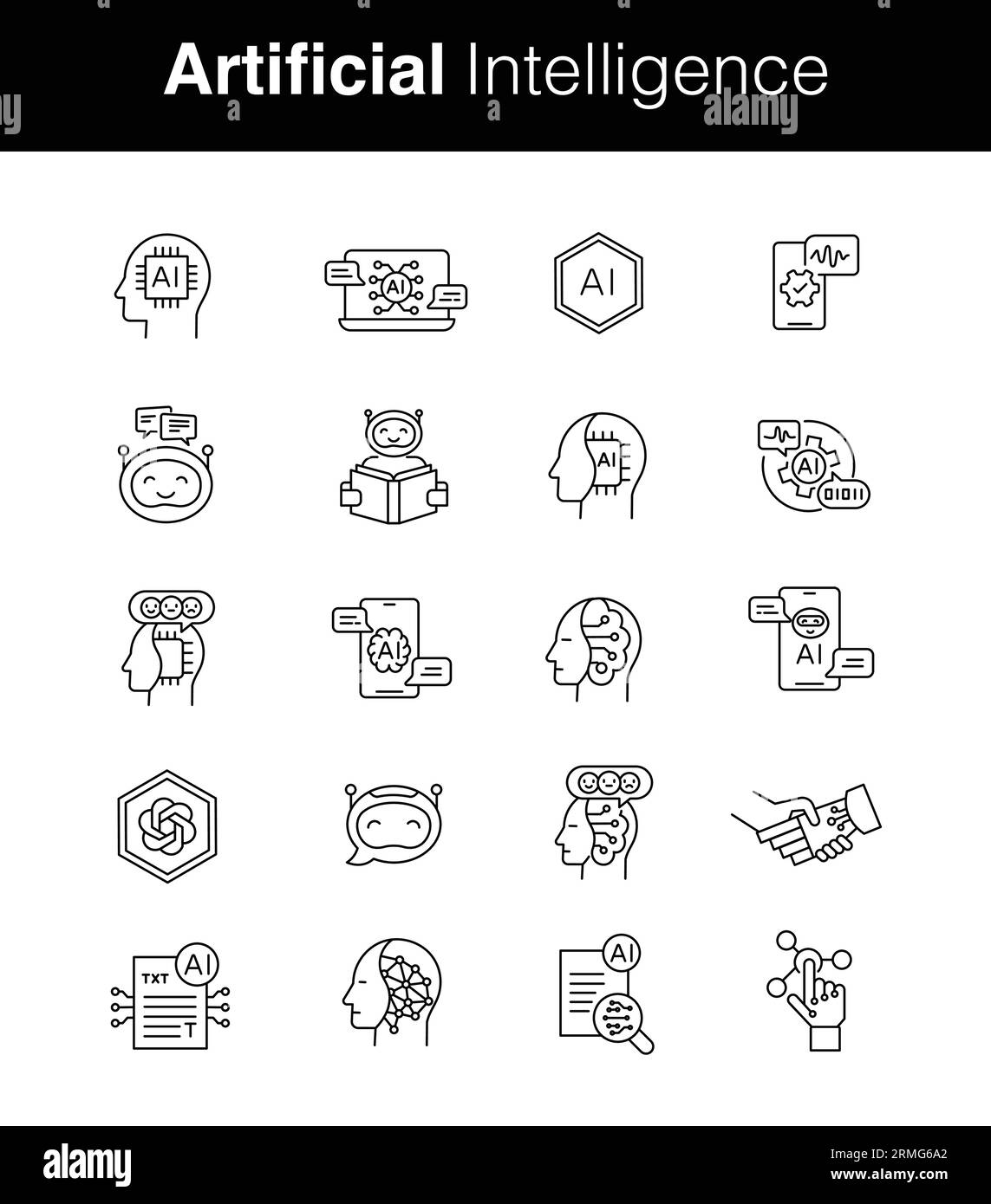 Set di icone di intelligenza artificiale - icone ai -- Set di simboli ai - icone macchine intelligenti. Icone delle linee vettoriali di traccia modificabili. Illustrazione Vettoriale