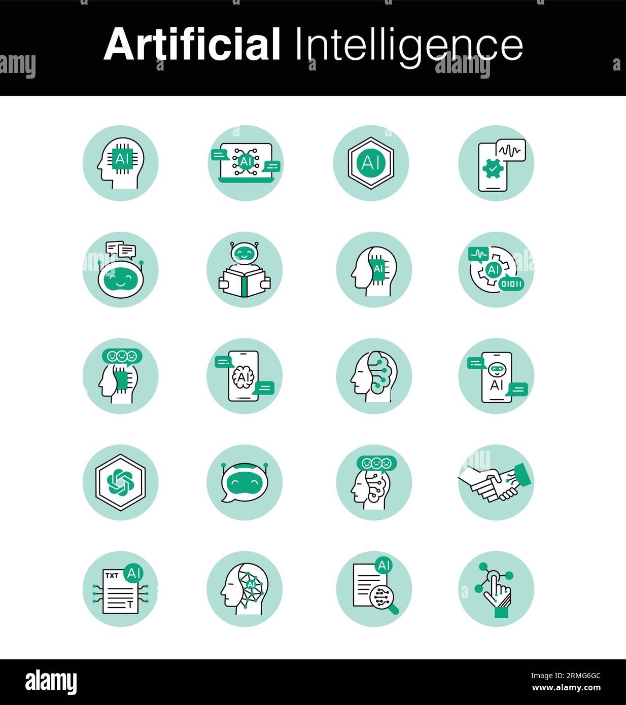 Set di icone di intelligenza artificiale - icone ai -- Set di simboli ai - icone macchine intelligenti. Icone delle linee vettoriali di traccia modificabili. Illustrazione Vettoriale