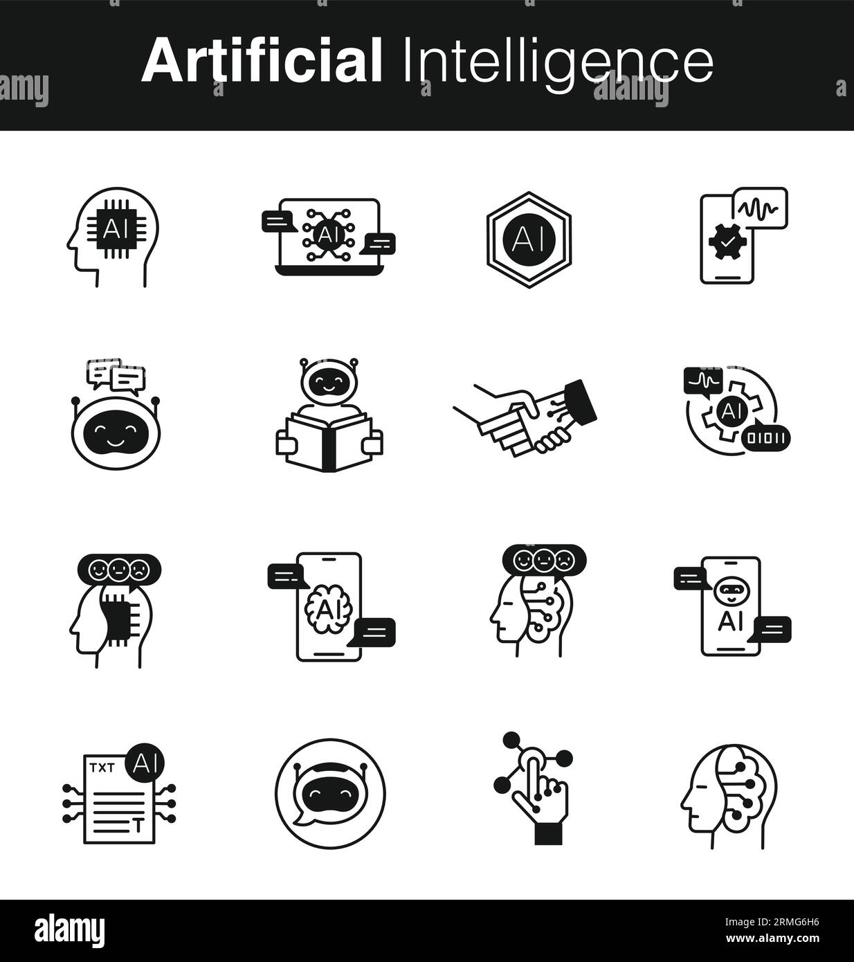 Set di icone di intelligenza artificiale - icone ai -- Set di simboli ai - icone macchine intelligenti. Icone delle linee vettoriali di traccia modificabili. Illustrazione Vettoriale
