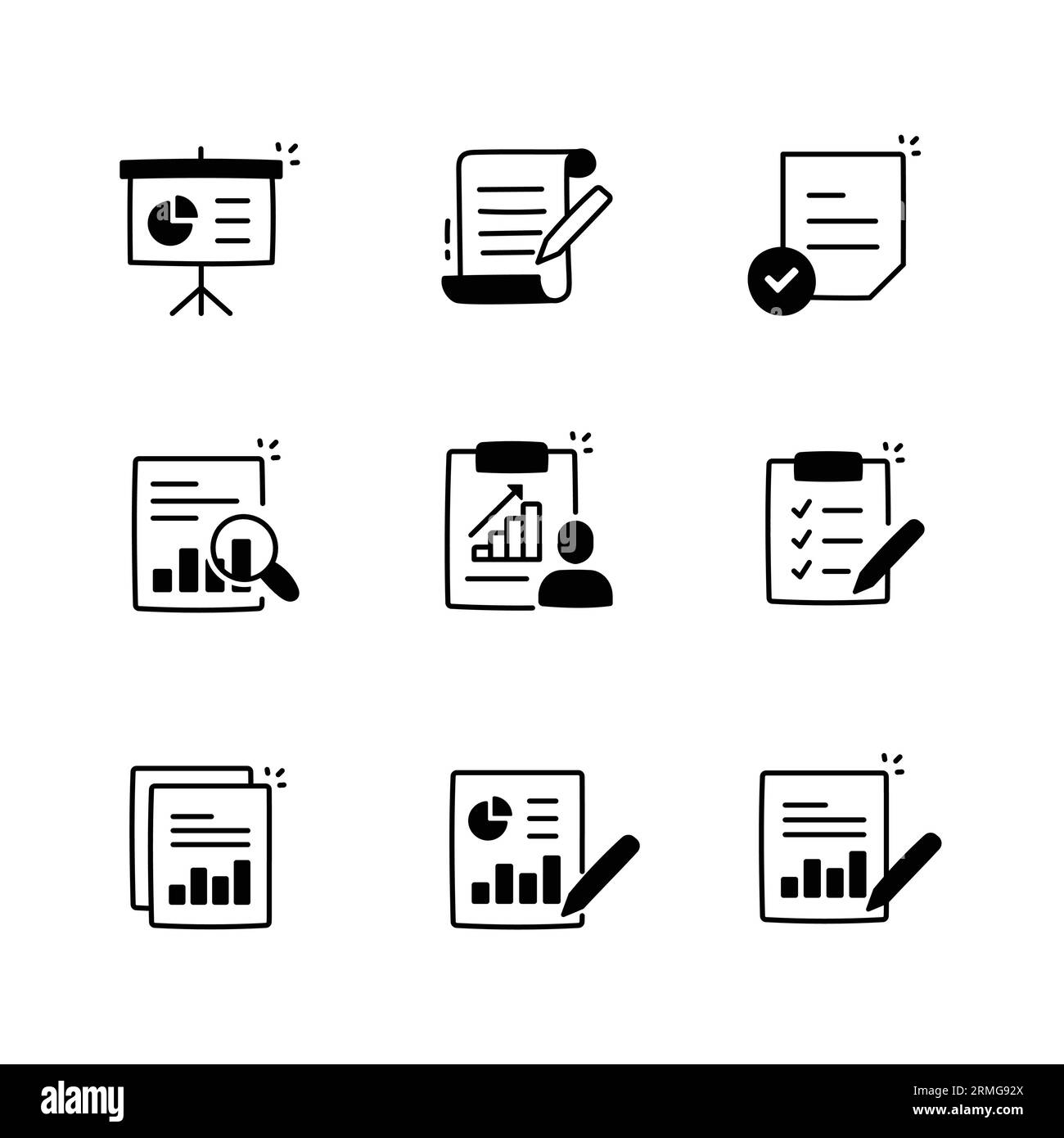Report Riepilogo esecutivo. Principali risultati e approfondimenti. Riepilogo della gestione. Breve panoramica aziendale. Icone del vettore di traccia modificabili in bianco e nero. Illustrazione Vettoriale