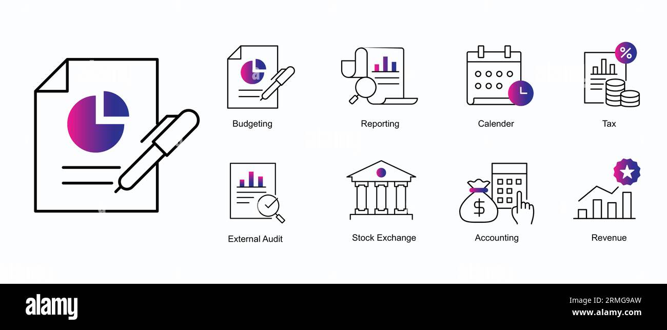Icone vettoriali anno fiscale. Icone dei vettori dell'esercizio finanziario. Icone dei vettori dell'anno contabile. Icone dei vettori dell'anno di budget icone finanziarie annuali. Anno fiscale ve Illustrazione Vettoriale