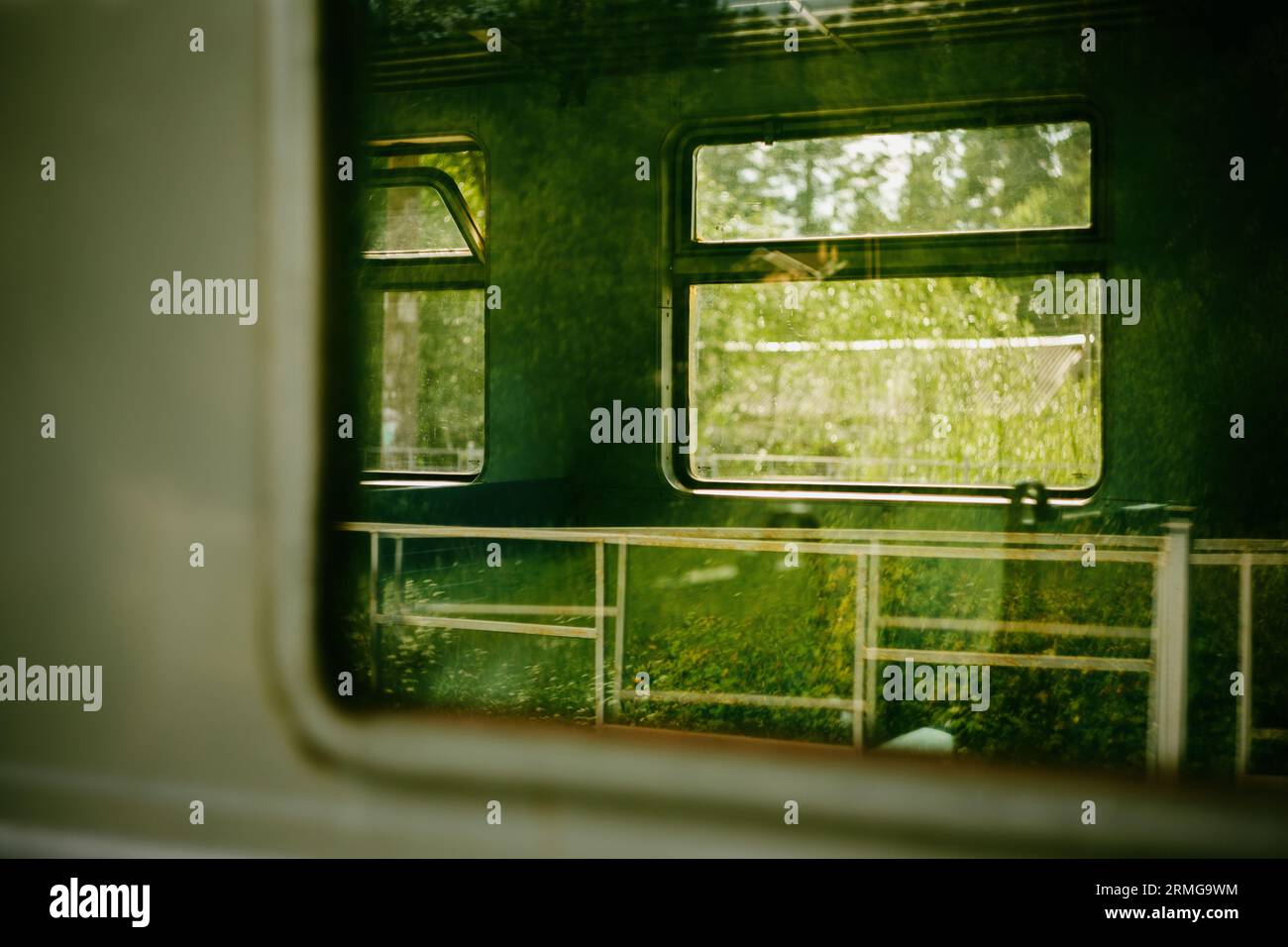 Le finestre di un vecchio treno elettrico che riflette il verde degli alberi. L'esperienza di viaggiare sui mezzi pubblici in mezzo alla natura. Trasporti Foto Stock