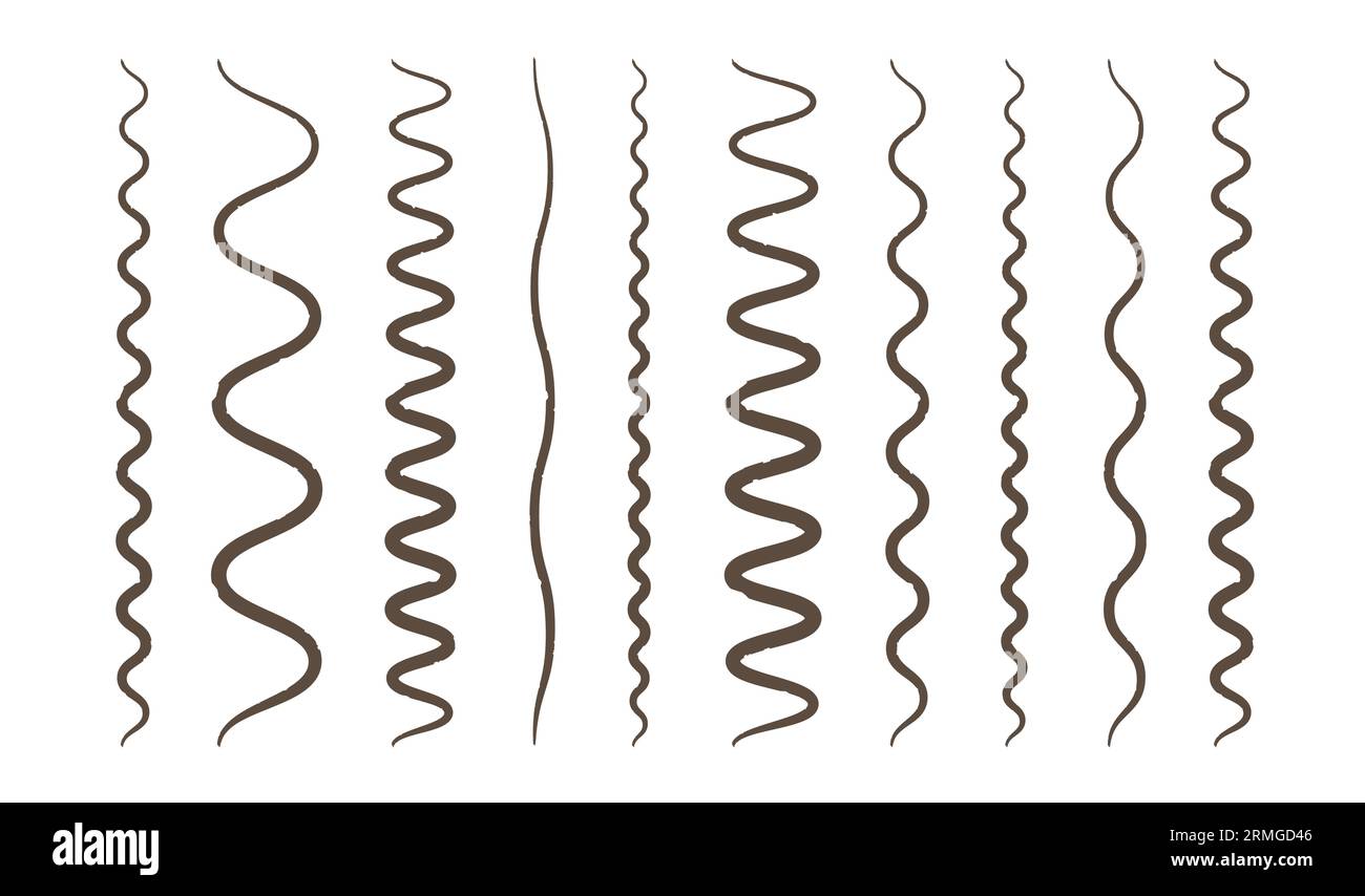 Set di pennelli a inchiostro Doodle con linea ondulata. Icone di contorno trame. Illustrazione Vettoriale