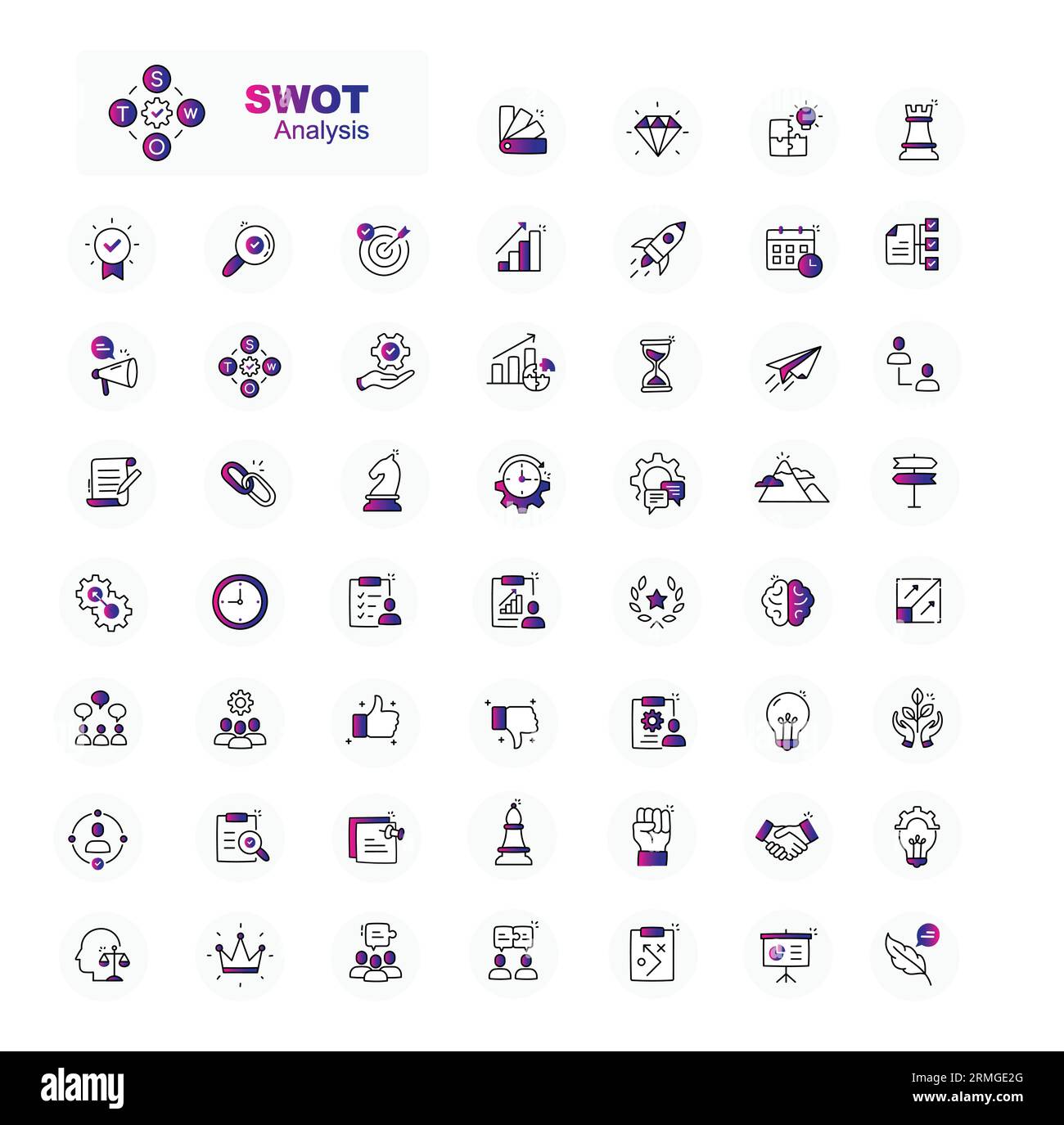 Icone di analisi SWOT impostate per i progetti. Icone di traccia modificabili dal vettore. Illustrazione Vettoriale