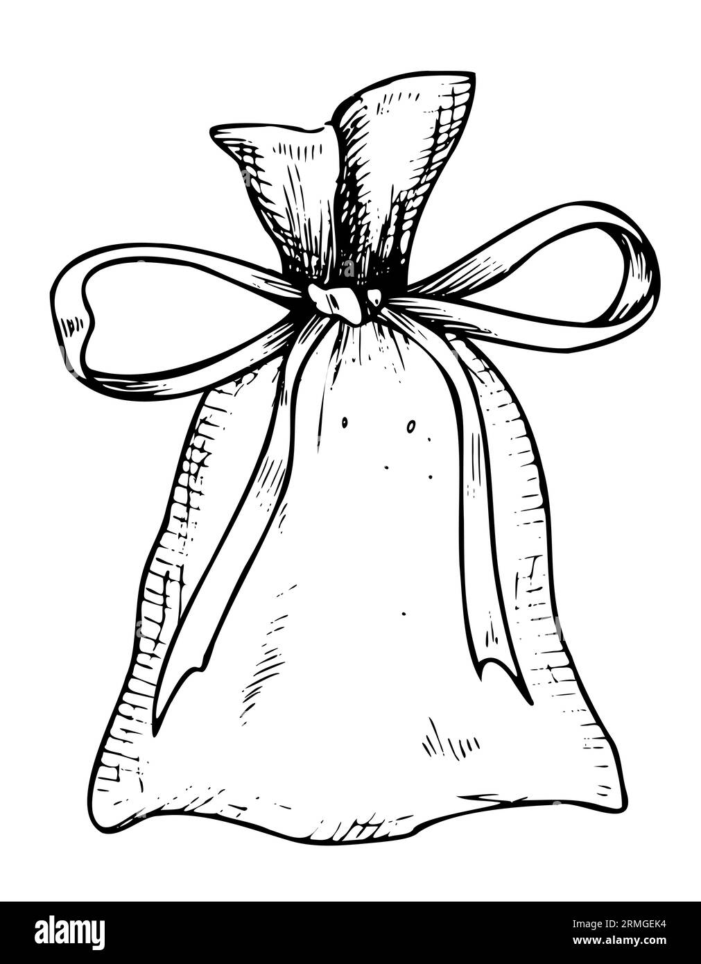 Bustina aromatica. Illustrazione vettoriale disegnata a mano di una borsa con nastro per aromaterapia e rilassante isolata su sfondo bianco dipinta da inchiostri neri. Disegno del sacchetto di erbe per fragranza. Illustrazione Vettoriale