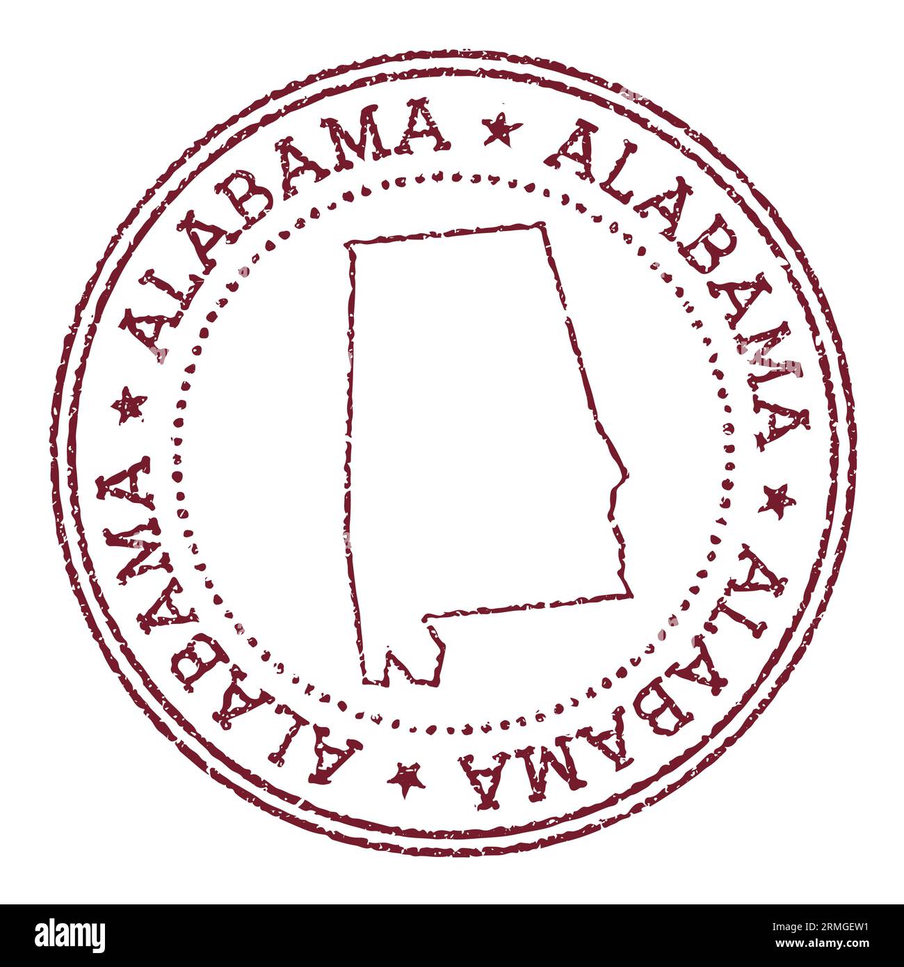Timbro rotondo in Alabama con la mappa dello stato degli Stati Uniti. Timbro per passaporto rosso vintage con testo circolare e stelle, illustrazione vettoriale. Illustrazione Vettoriale