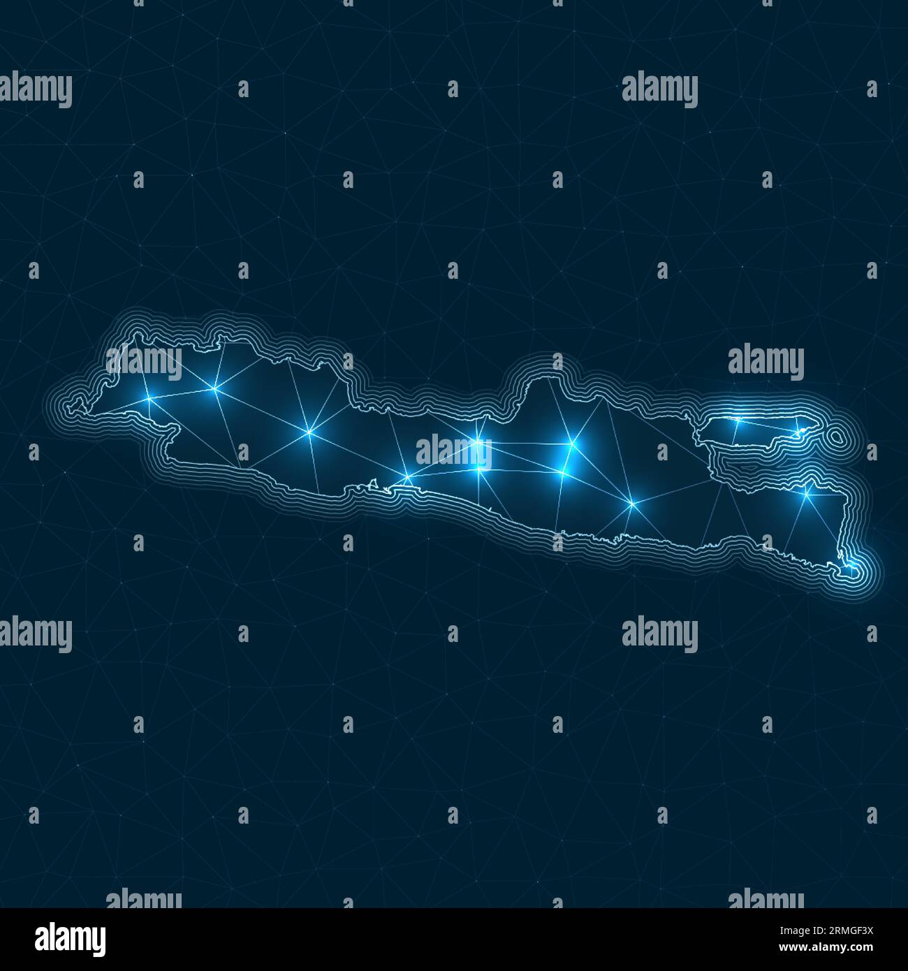 Mappa di rete Java. Mappa geometrica astratta dell'isola. Progettazione di connessioni digitali e telecomunicazioni. Rete Internet luminosa. Illustrazione Vettoriale