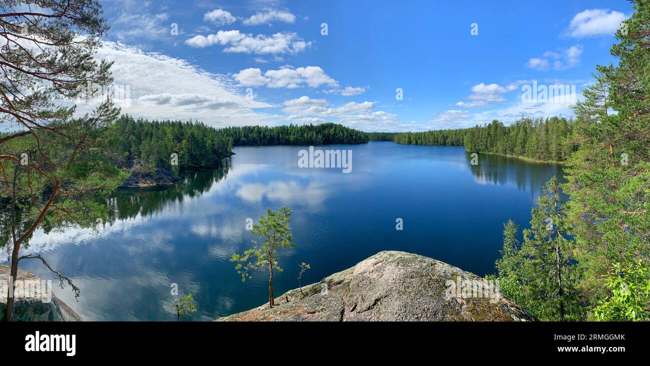 Paesaggio estivo con lago selvaggio e foresta con acqua blu e cielo con nuvole bianche Finlandia Foto Stock