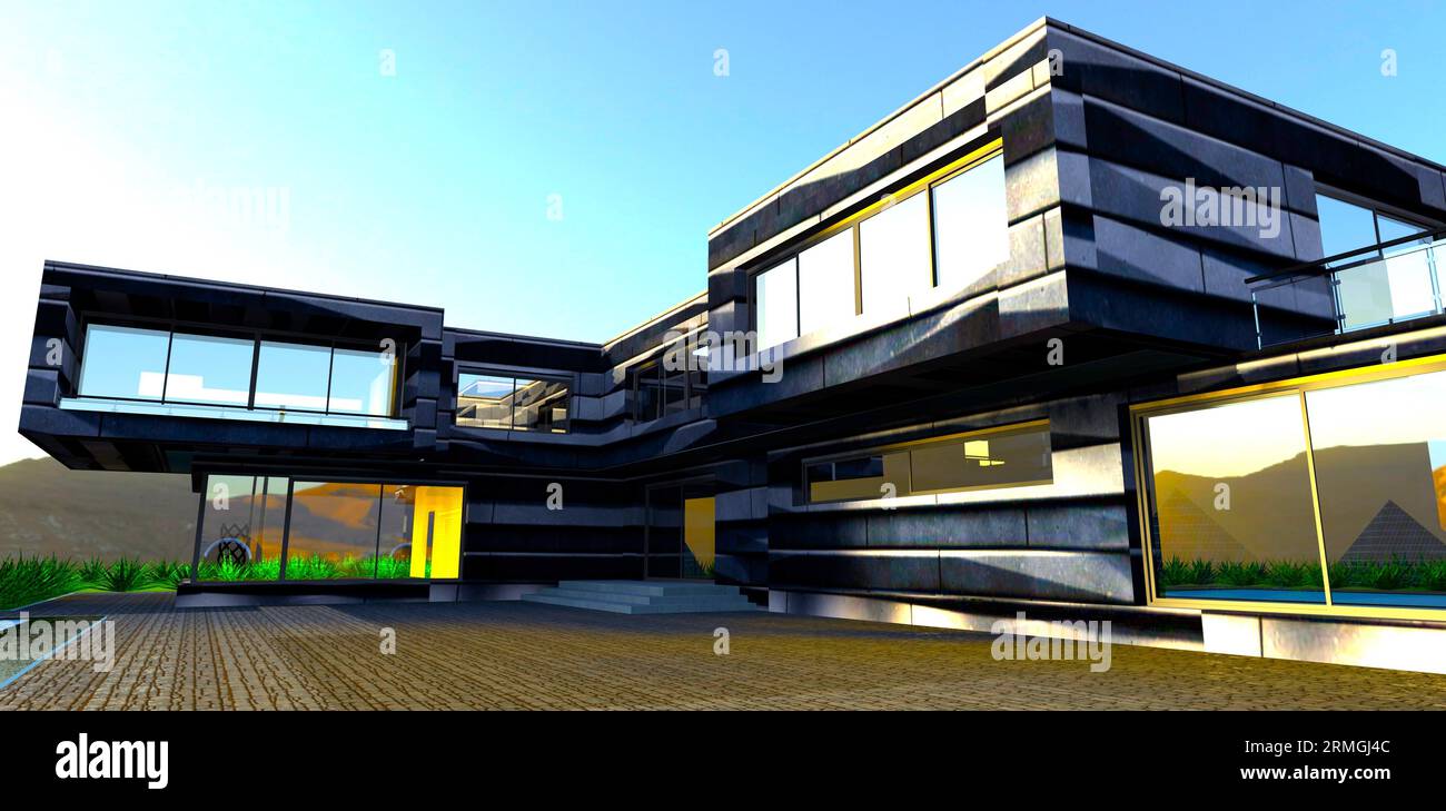 Il sole luminoso si riflette sulla facciata innovativa della moderna abitazione suburbana costruita sulle montagne. rendering 3d. Foto Stock