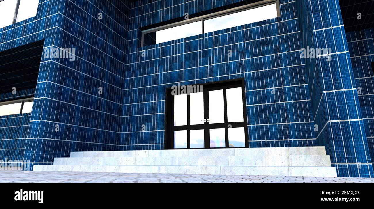 Design del portico. Porta d'ingresso alla villa contemporanea rifinita con pannelli solari. rendering 3d. Foto Stock